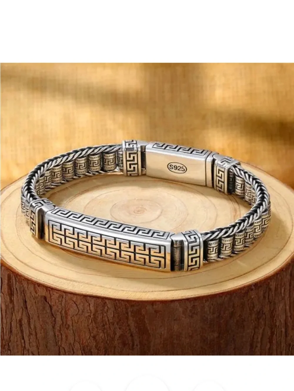 Sterling Silver Greek Key Men's Bracelet - Silver